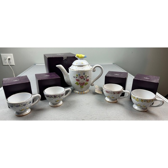 2008 Dena Designs Crazy Mountain Bird and Flower Tea Pot and 4 Cups VHD8556 - Picture 1 of 10